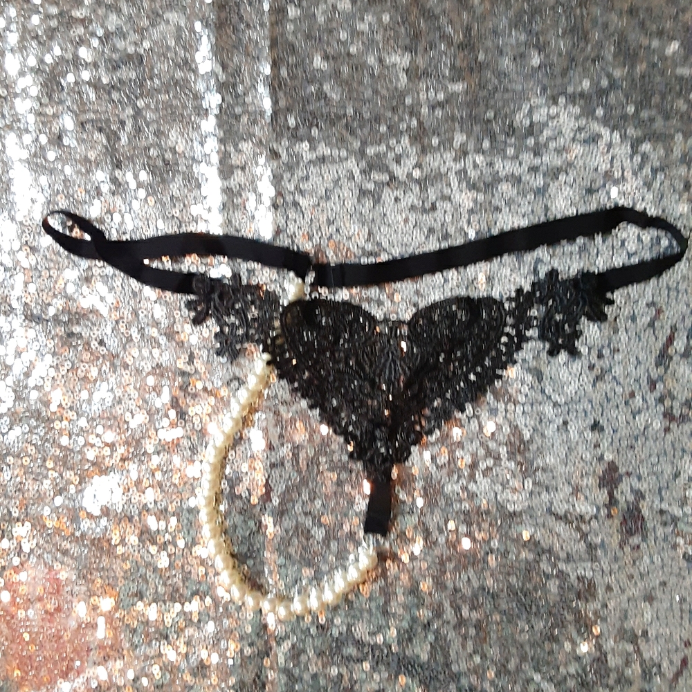 ⚜ black lace HEART panties w/ pearls lingerie ⚜